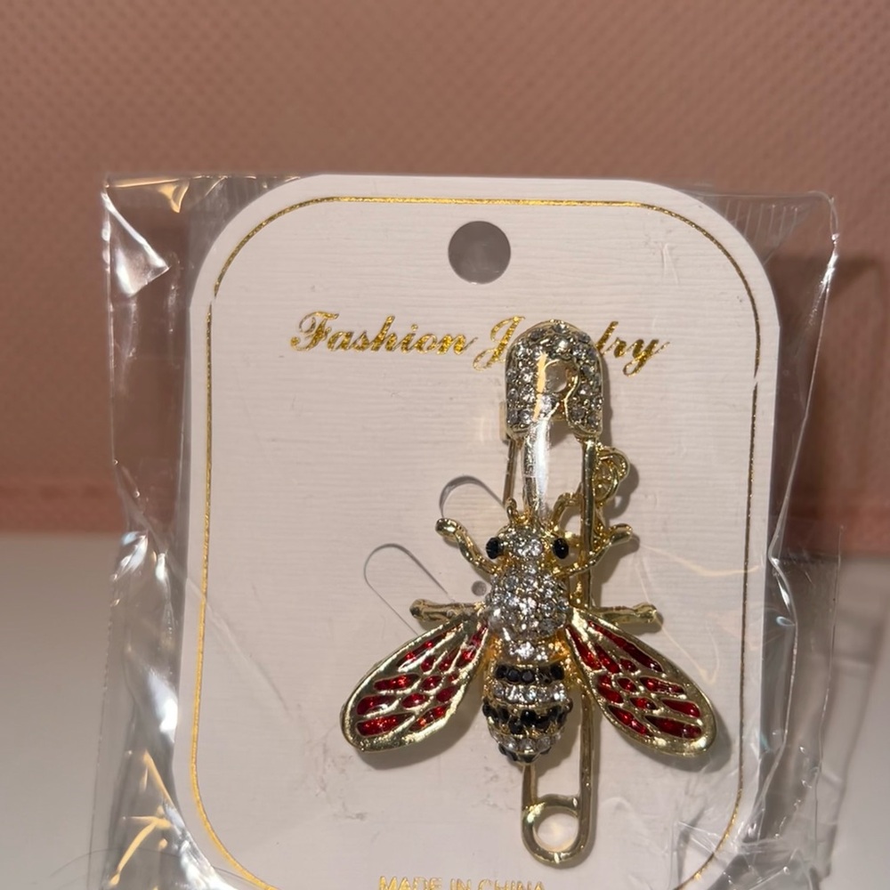 Gold and Red Bee Brooch